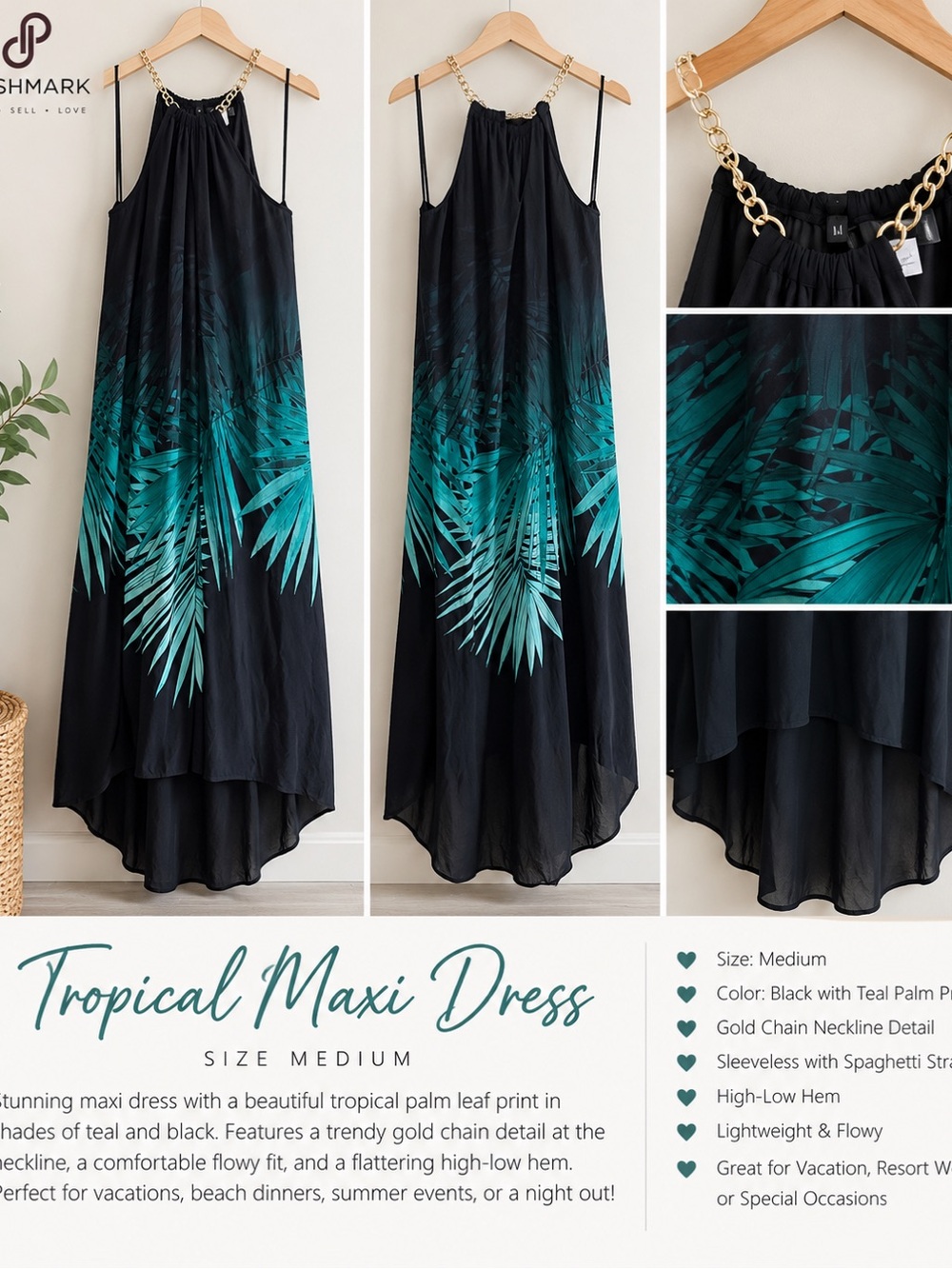 Tropical Palm Maxi Dress — Black with Teal Palm Print